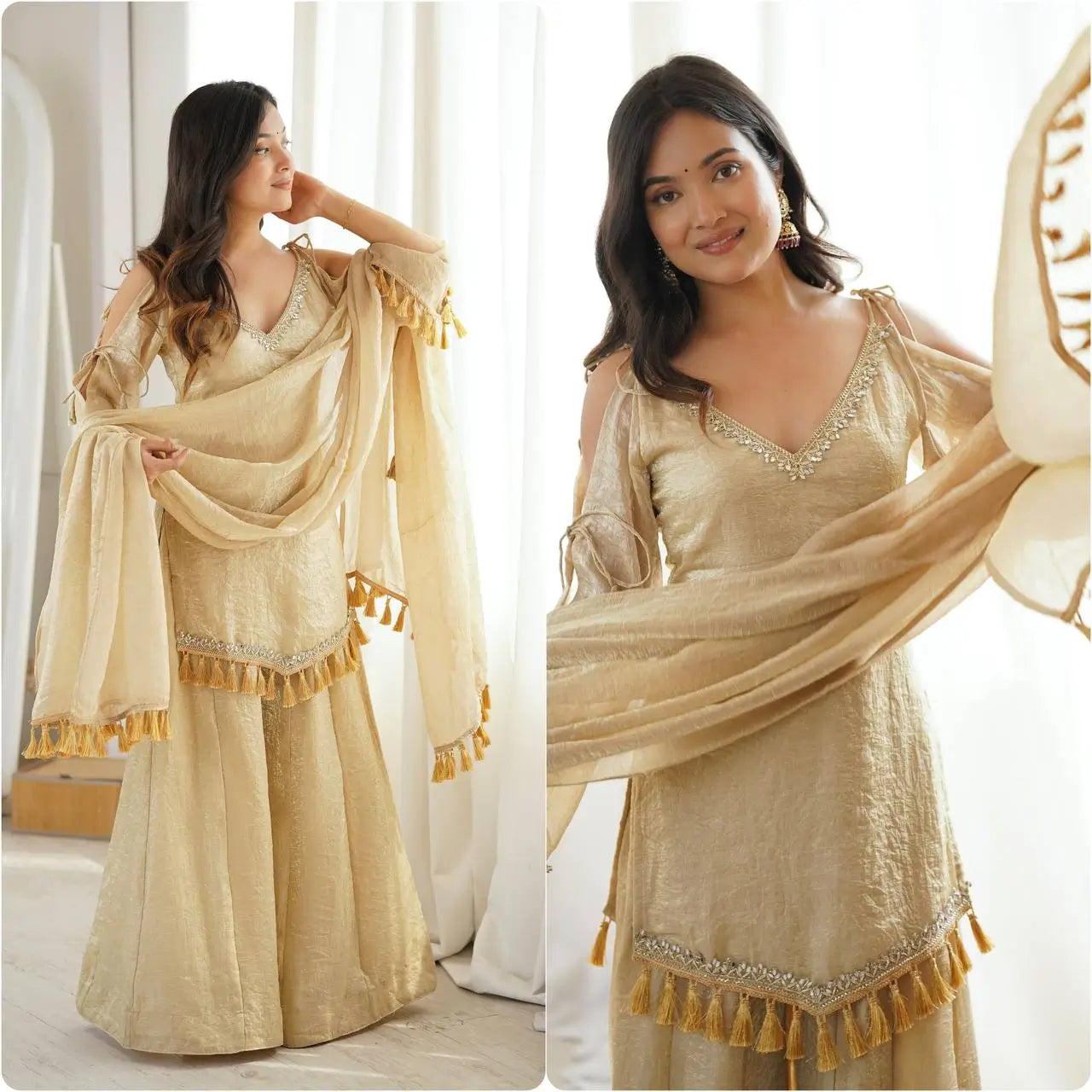 Gold Crepe Kurta Farshi Pant Set with Tassels