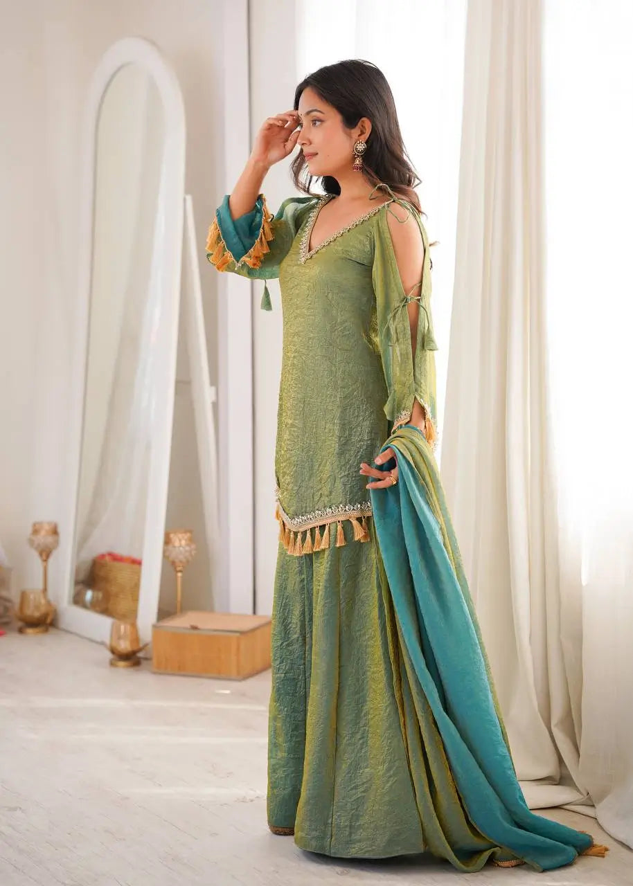 Gold Crepe Kurta Farshi Pant Set with Tassels