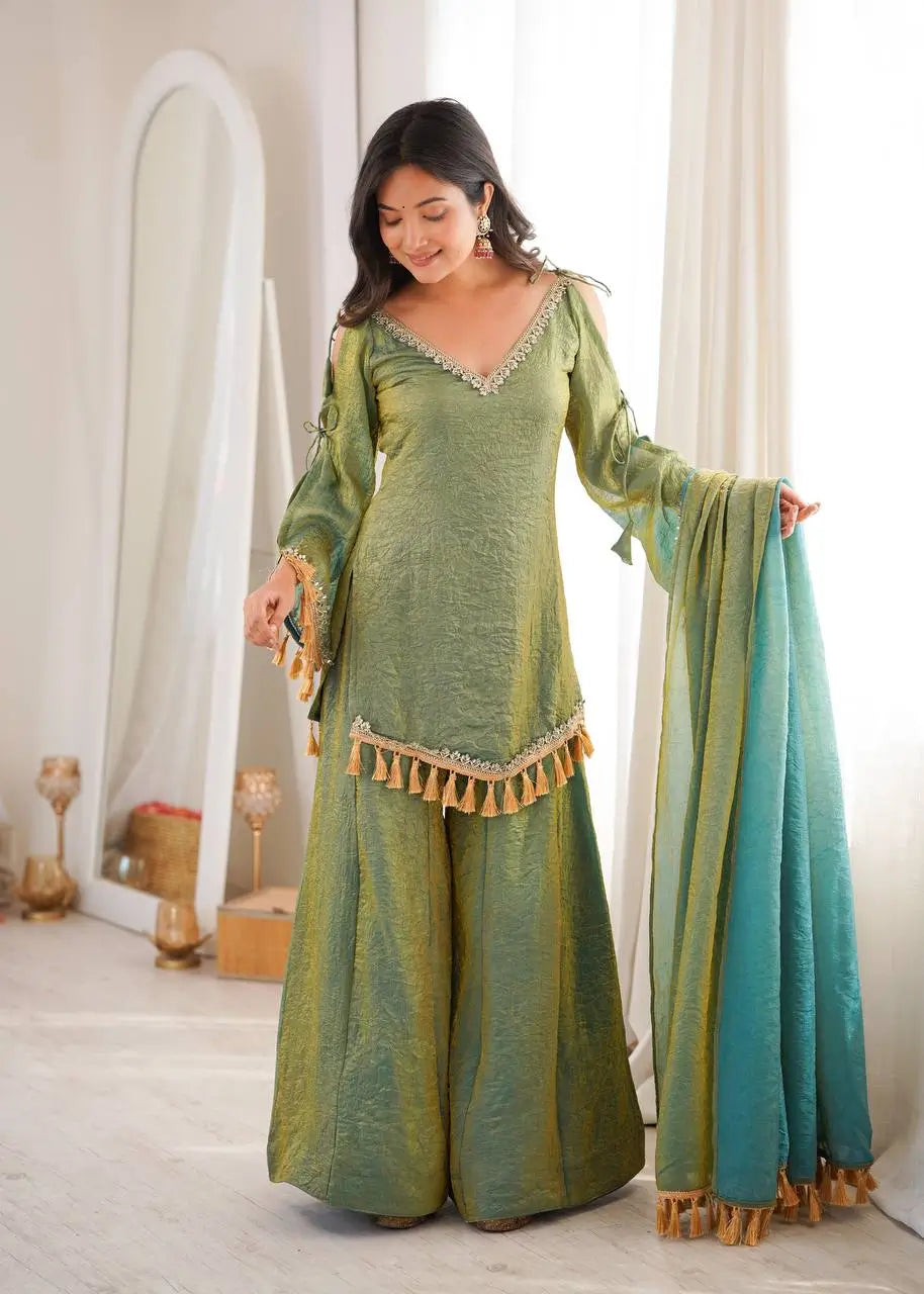 Gold Crepe Kurta Farshi Pant Set with Tassels