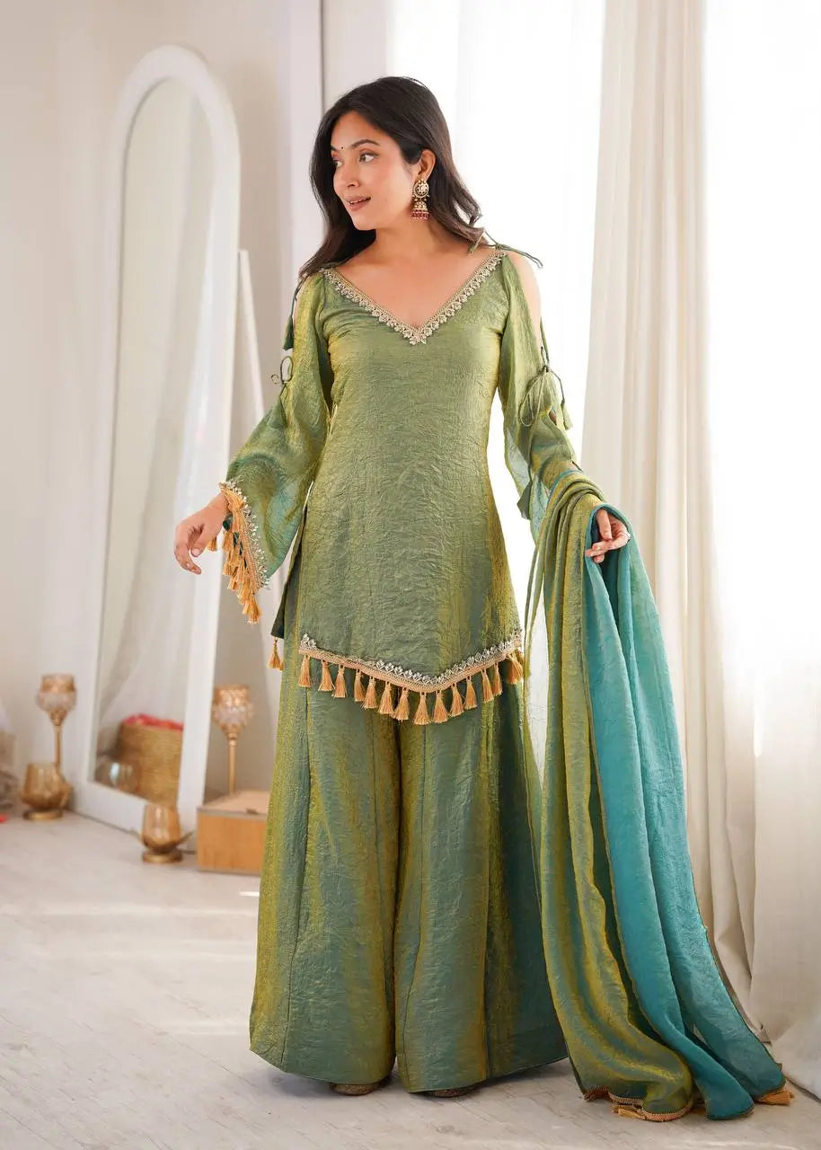 Gold Crepe Kurta Farshi Pant Set with Tassels