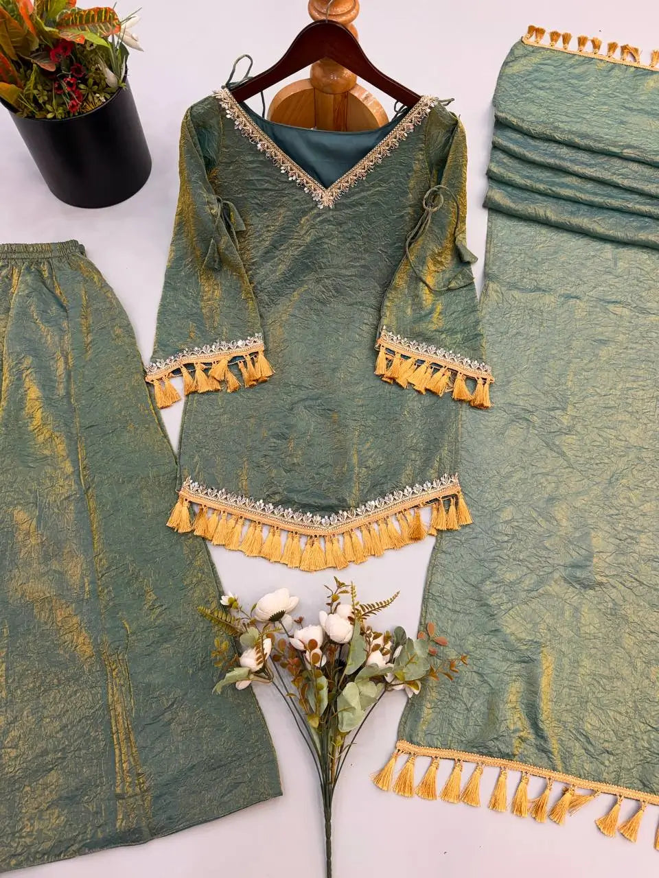 Gold Crepe Kurta Farshi Pant Set with Tassels