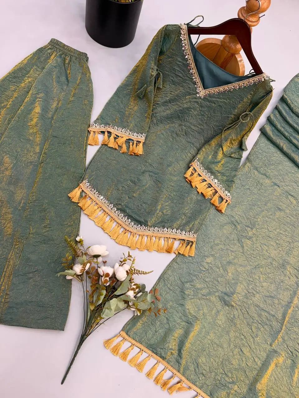 Gold Crepe Kurta Farshi Pant Set with Tassels
