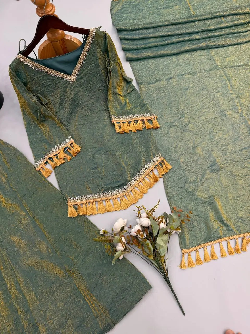 Gold Crepe Kurta Farshi Pant Set with Tassels