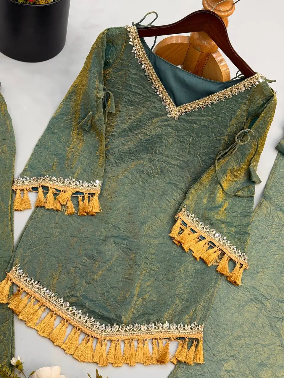 Gold Crepe Kurta Farshi Pant Set with Tassels