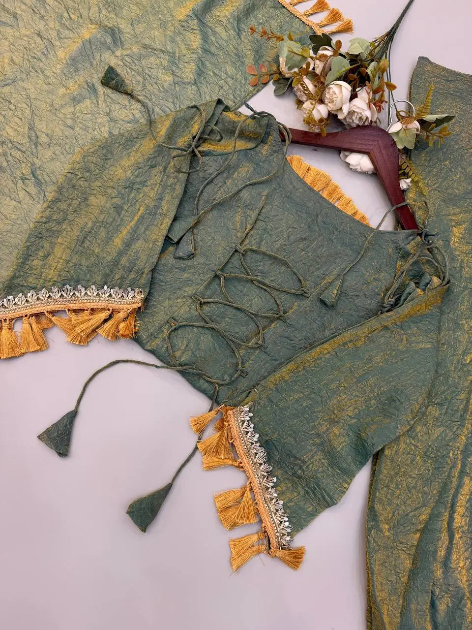 Gold Crepe Kurta Farshi Pant Set with Tassels