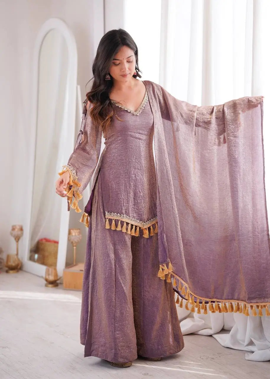 Gold Crepe Kurta Farshi Pant Set with Tassels