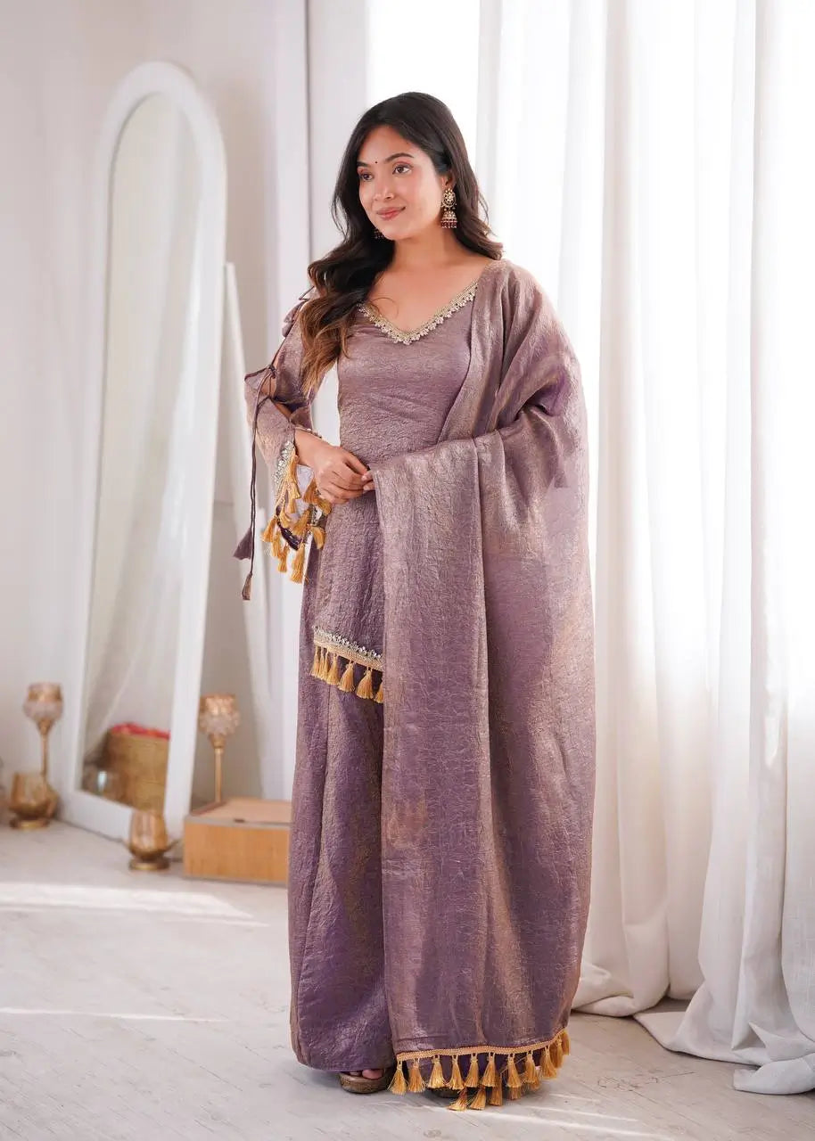 Gold Crepe Kurta Farshi Pant Set with Tassels