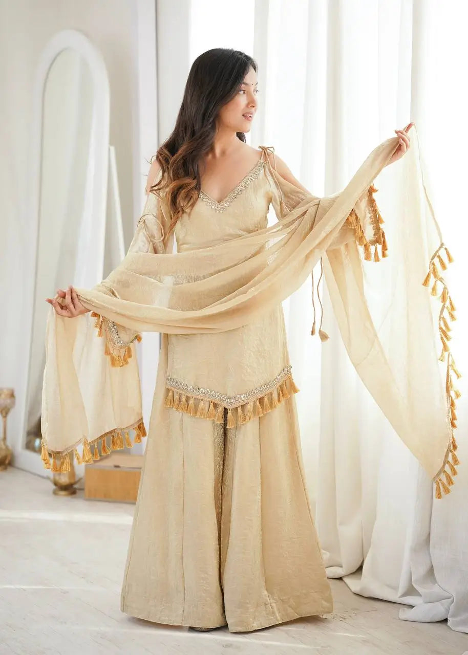 Gold Crepe Kurta Farshi Pant Set with Tassels