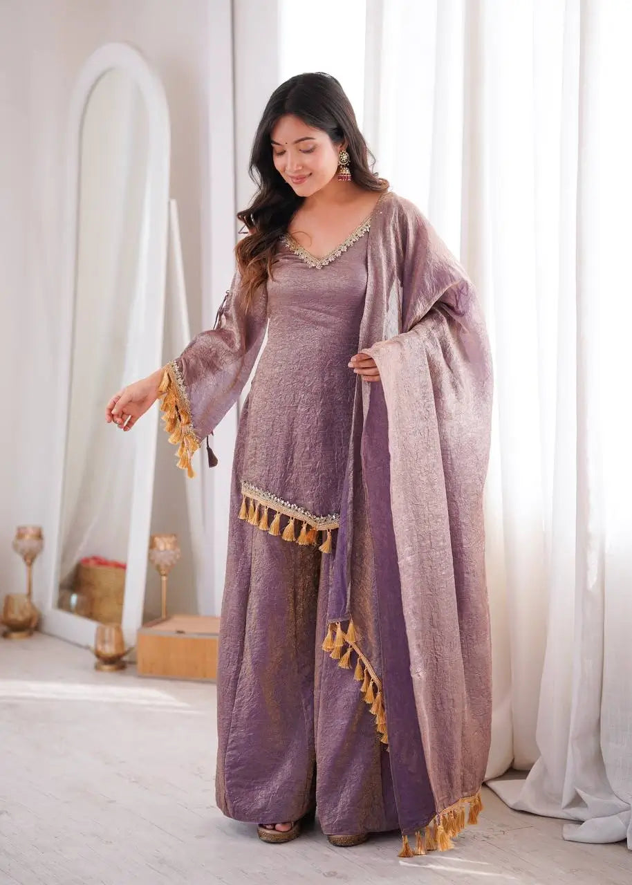 Gold Crepe Kurta Farshi Pant Set with Tassels