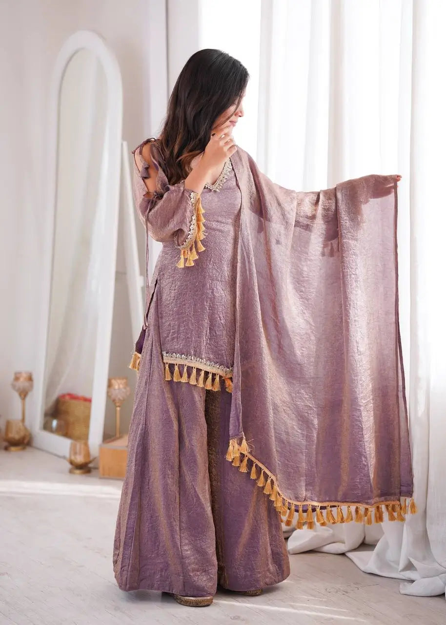 Gold Crepe Kurta Farshi Pant Set with Tassels