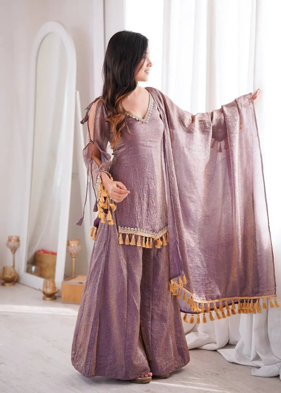 Gold Crepe Kurta Farshi Pant Set with Tassels