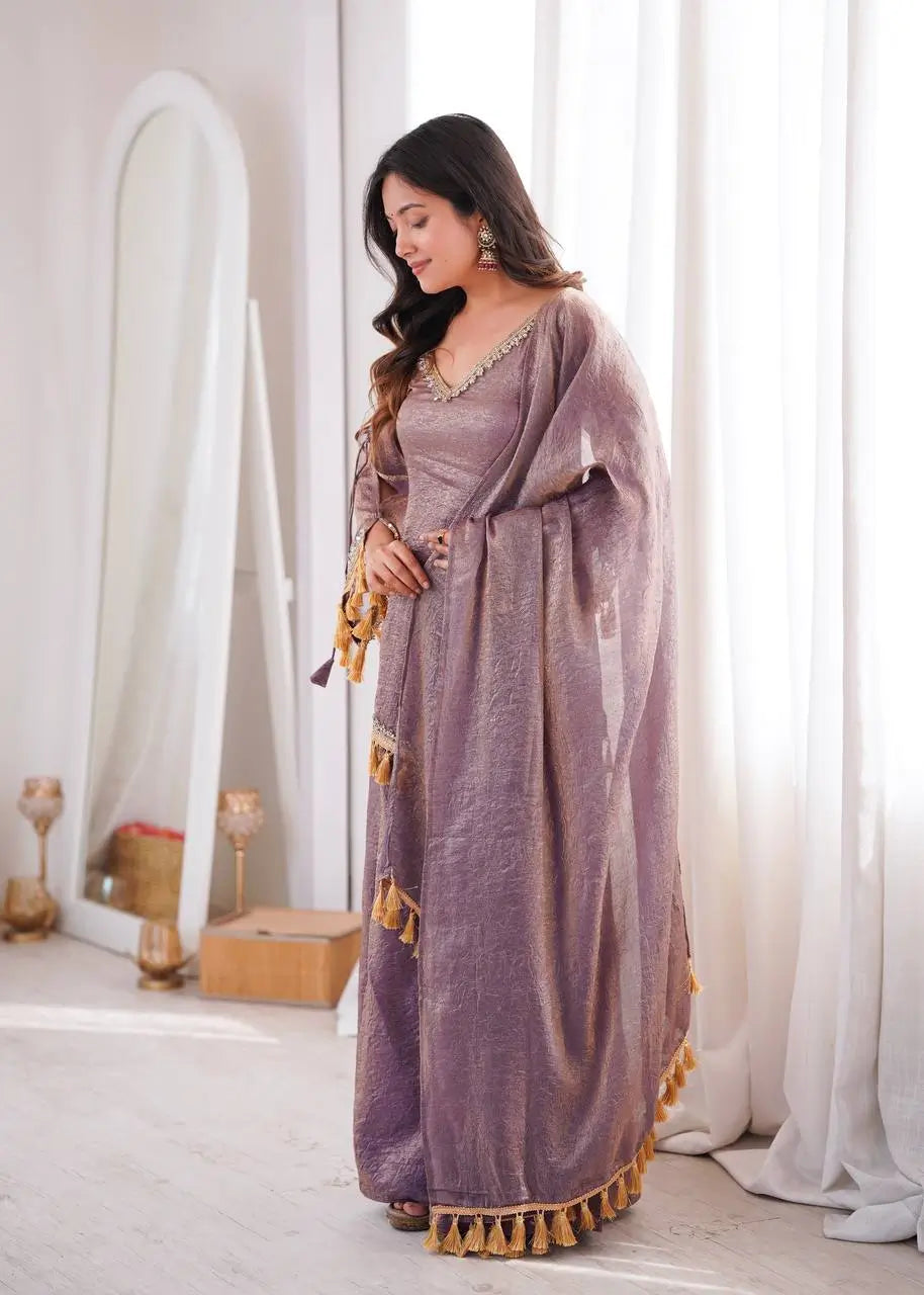 Gold Crepe Kurta Farshi Pant Set with Tassels