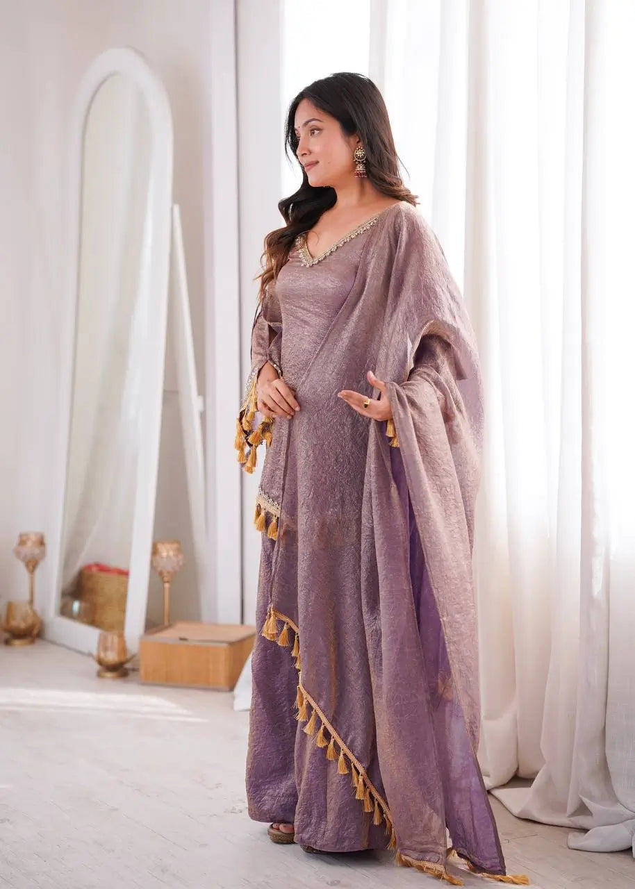 Gold Crepe Kurta Farshi Pant Set with Tassels