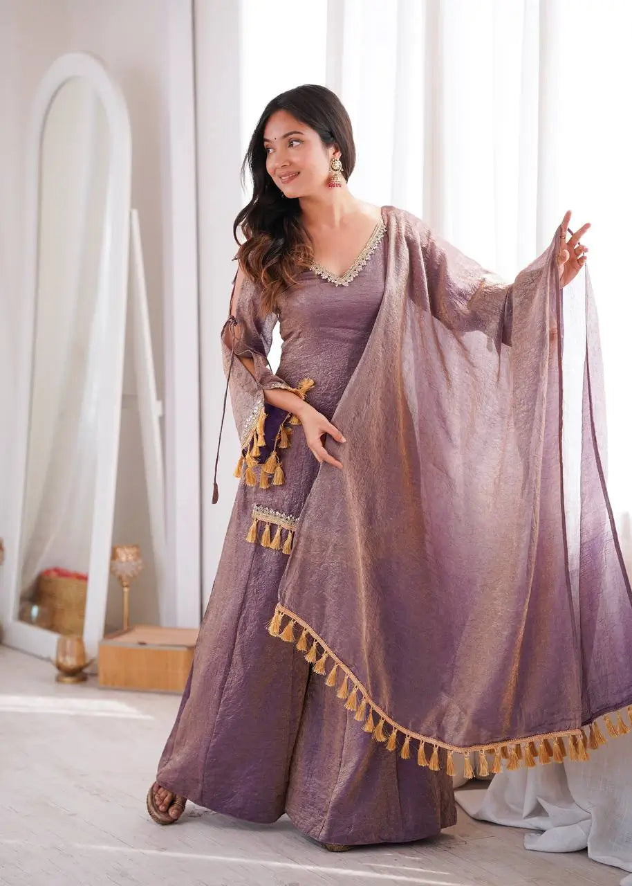 Gold Crepe Kurta Farshi Pant Set with Tassels
