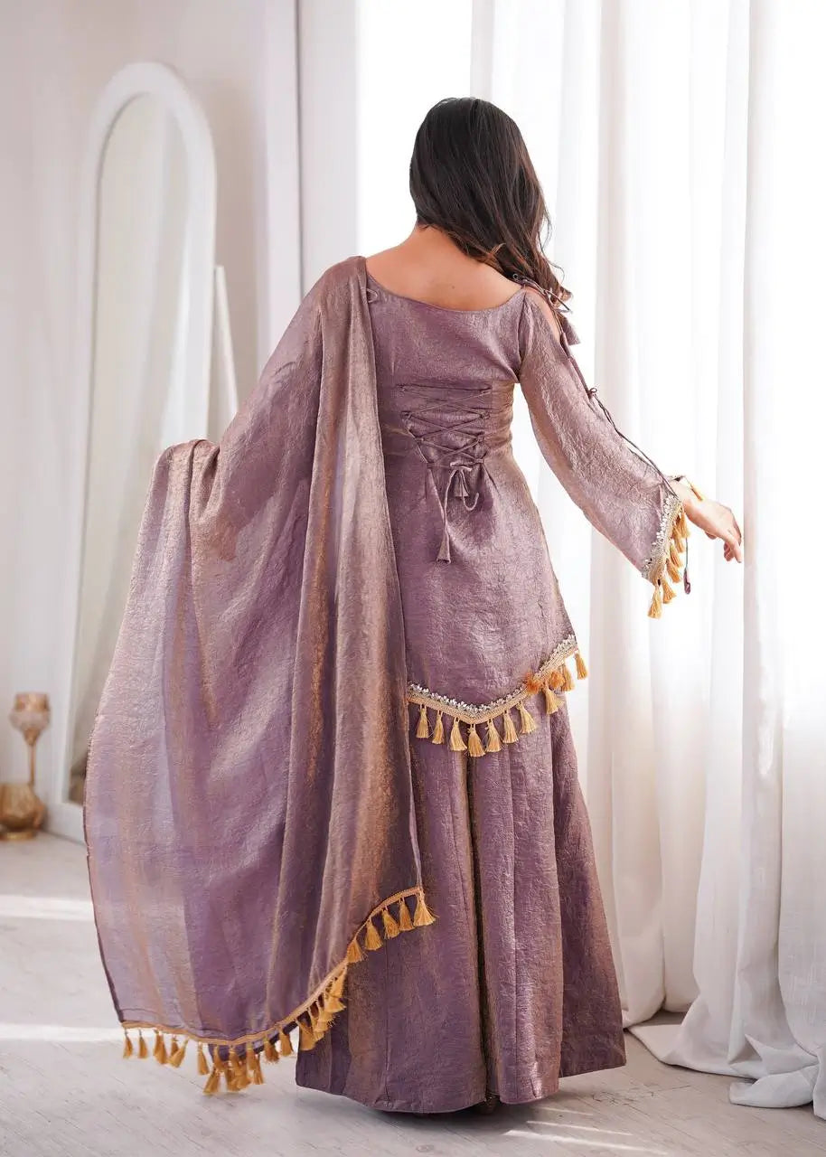 Gold Crepe Kurta Farshi Pant Set with Tassels