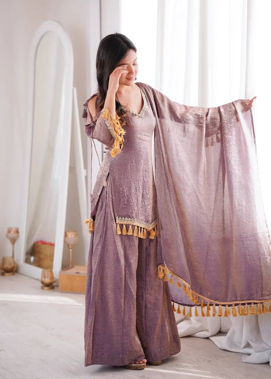 Gold Crepe Kurta Farshi Pant Set with Tassels