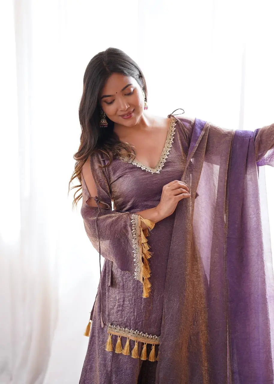 Gold Crepe Kurta Farshi Pant Set with Tassels