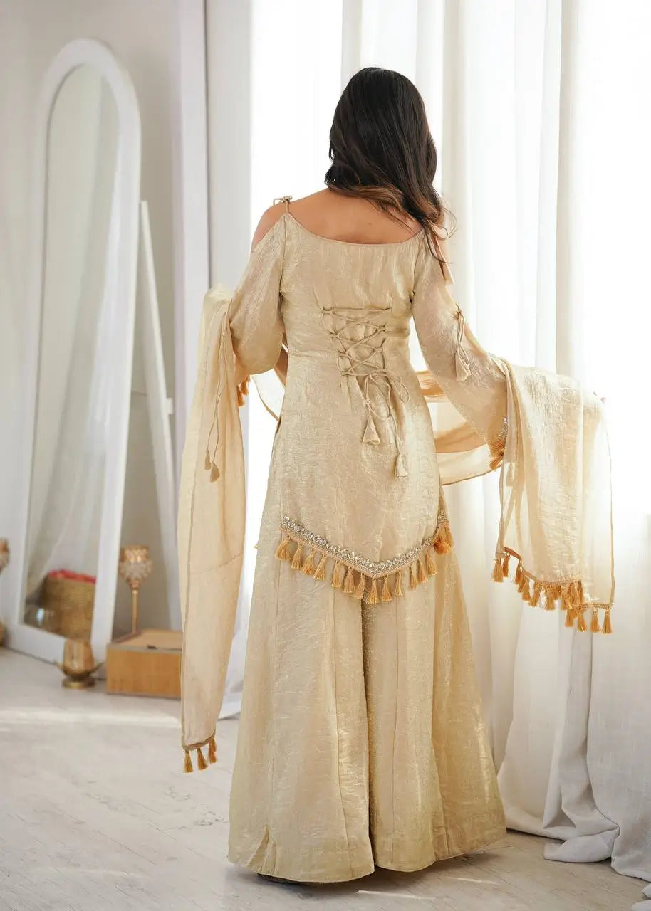 Gold Crepe Kurta Farshi Pant Set with Tassels