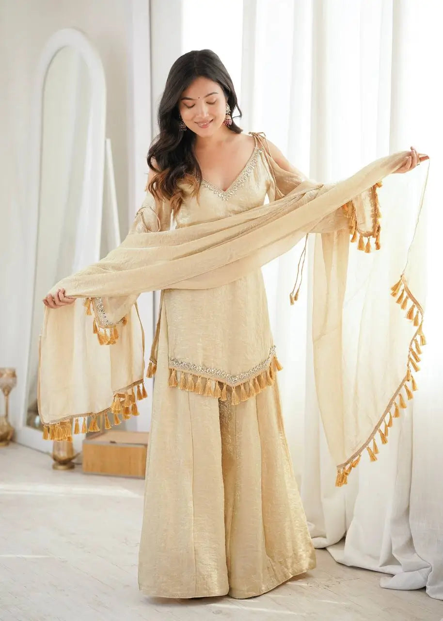 Gold Crepe Kurta Farshi Pant Set with Tassels
