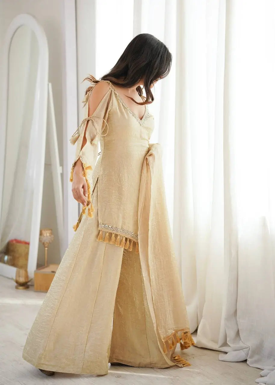 Gold Crepe Kurta Farshi Pant Set with Tassels