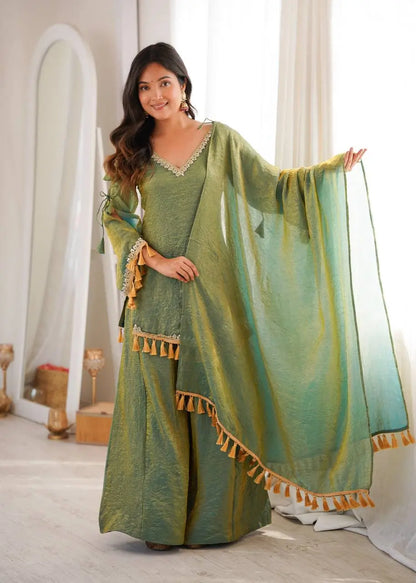 Gold Crepe Kurta Farshi Pant Set with Tassels