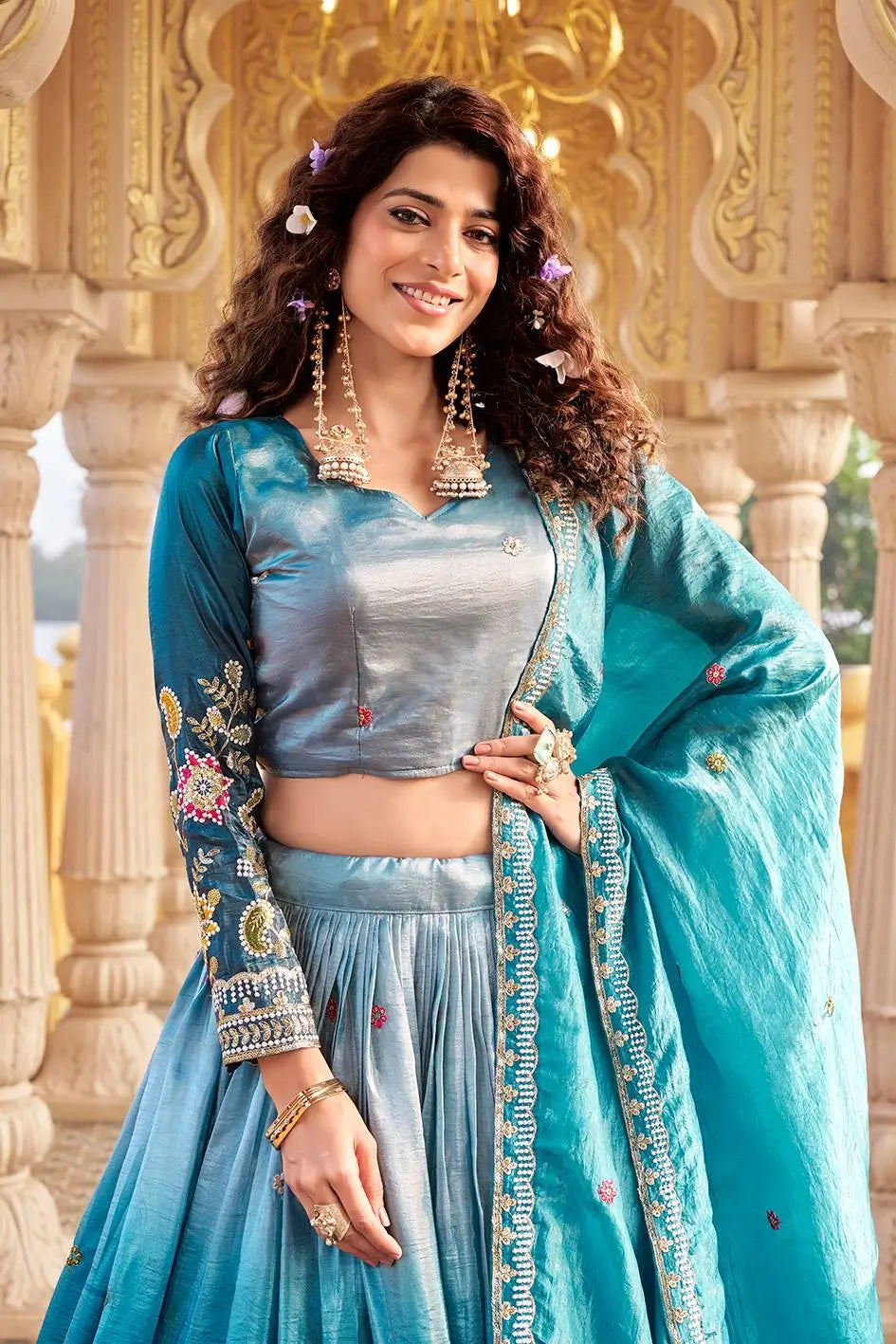 Gold Crush Embroidered Lehenga Choli Set with Dupatta