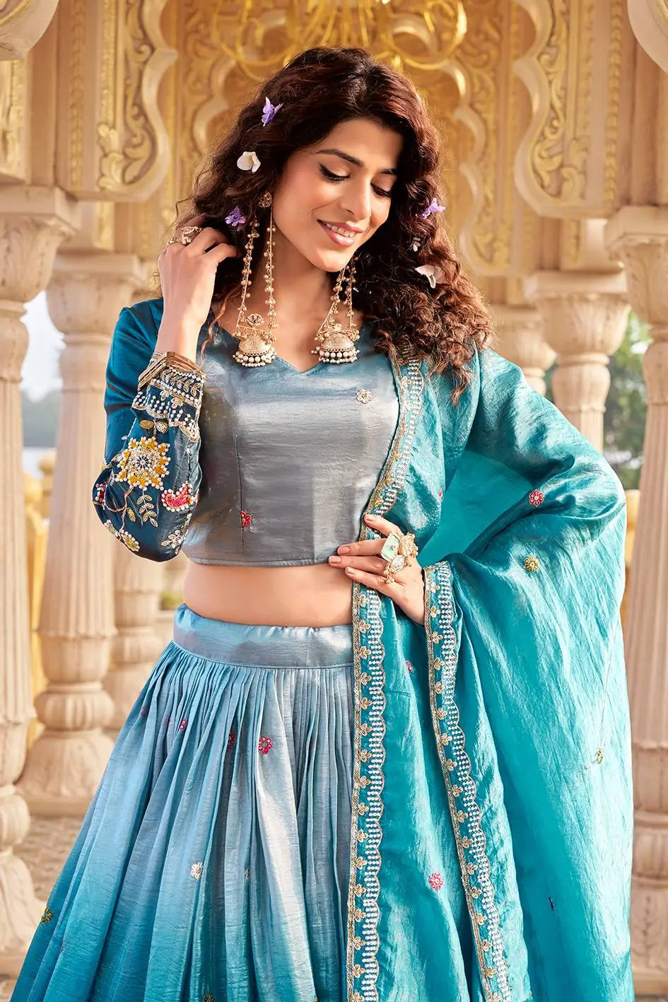 Gold Crush Embroidered Lehenga Choli Set with Dupatta