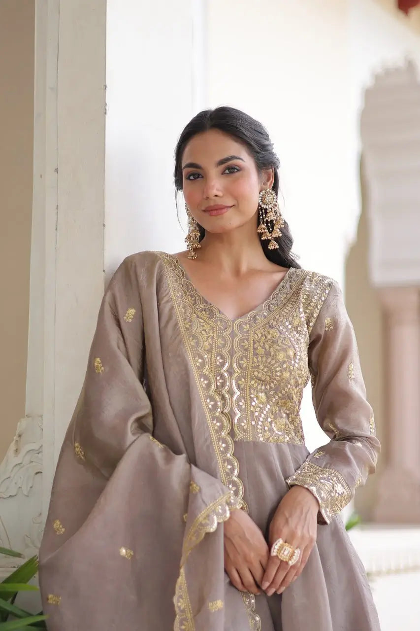 Golden Elegance Embroidered Anarkali Gown with Dupatta for Festive and Wedding Wear