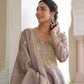 Golden Elegance Embroidered Anarkali Gown with Dupatta for Festive and Wedding Wear