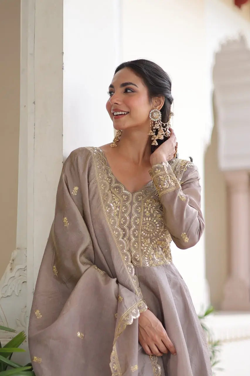 Golden Elegance Embroidered Anarkali Gown with Dupatta for Festive and Wedding Wear