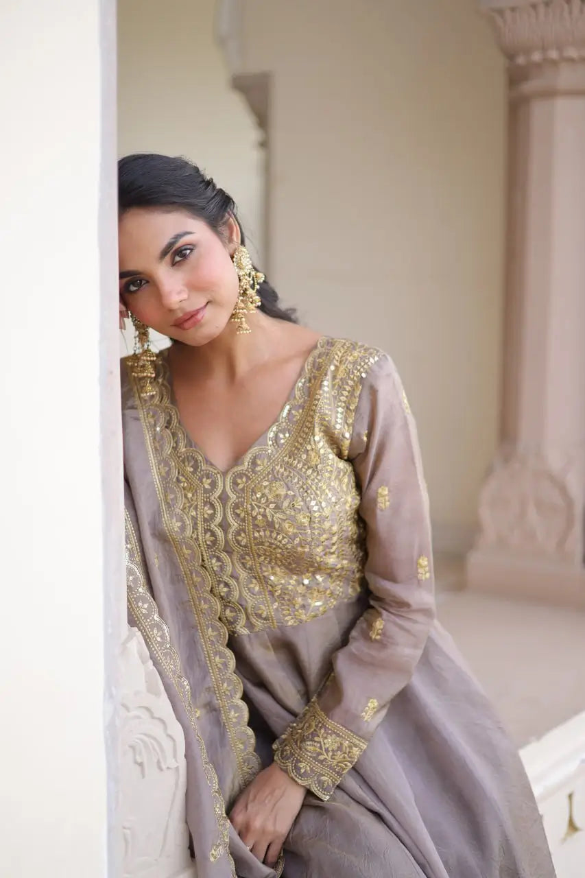 Golden Elegance Embroidered Anarkali Gown with Dupatta for Festive and Wedding Wear