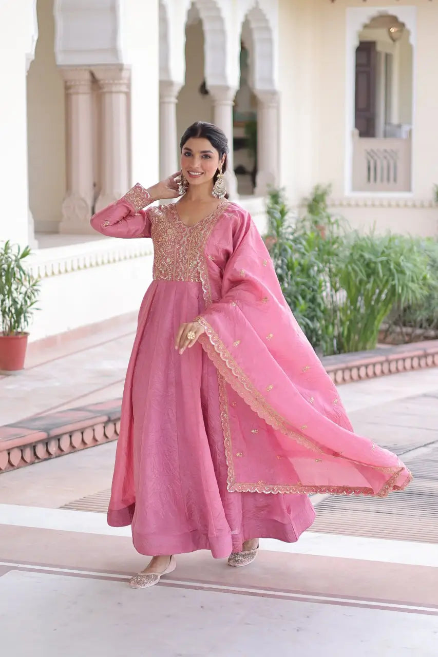 Golden Elegance Embroidered Anarkali Gown with Dupatta for Festive and Wedding Wear