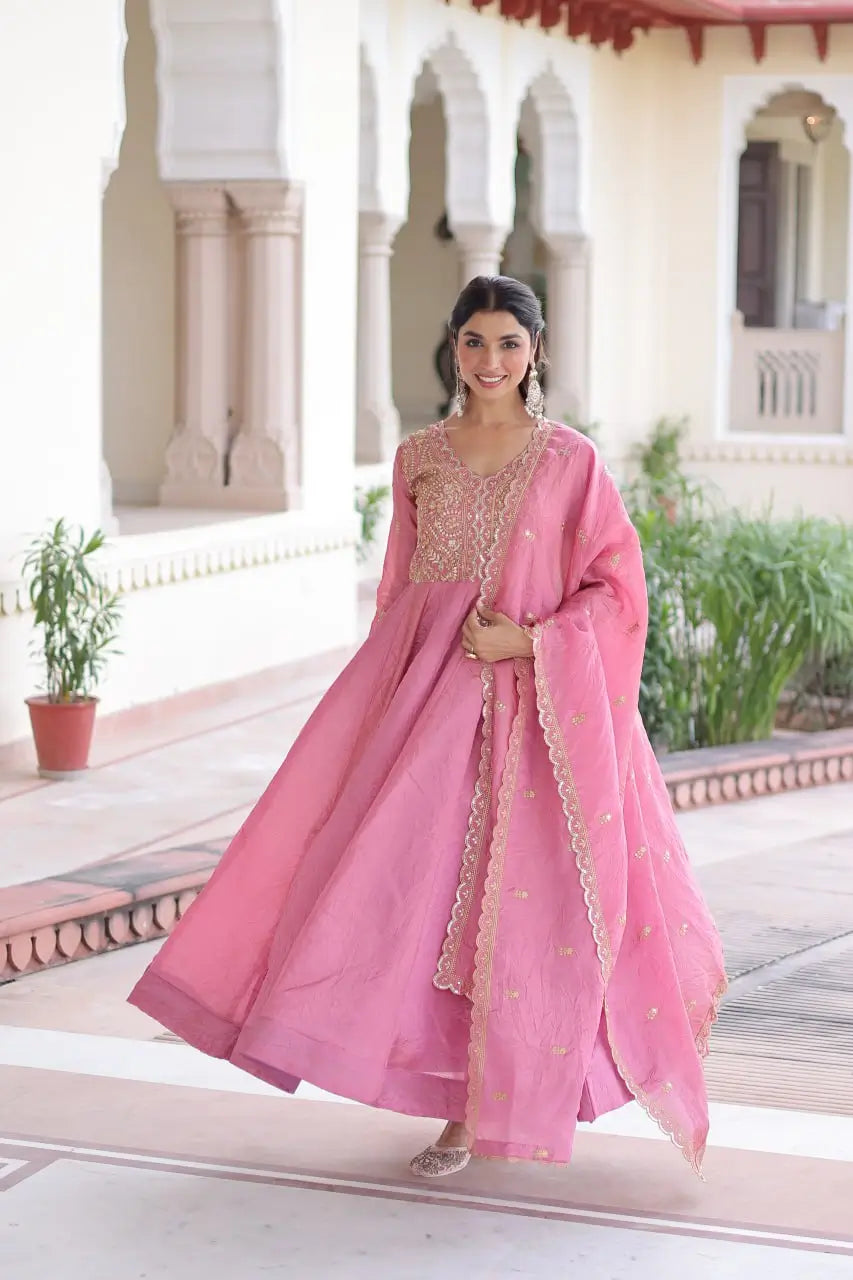 Golden Elegance Embroidered Anarkali Gown with Dupatta for Festive and Wedding Wear