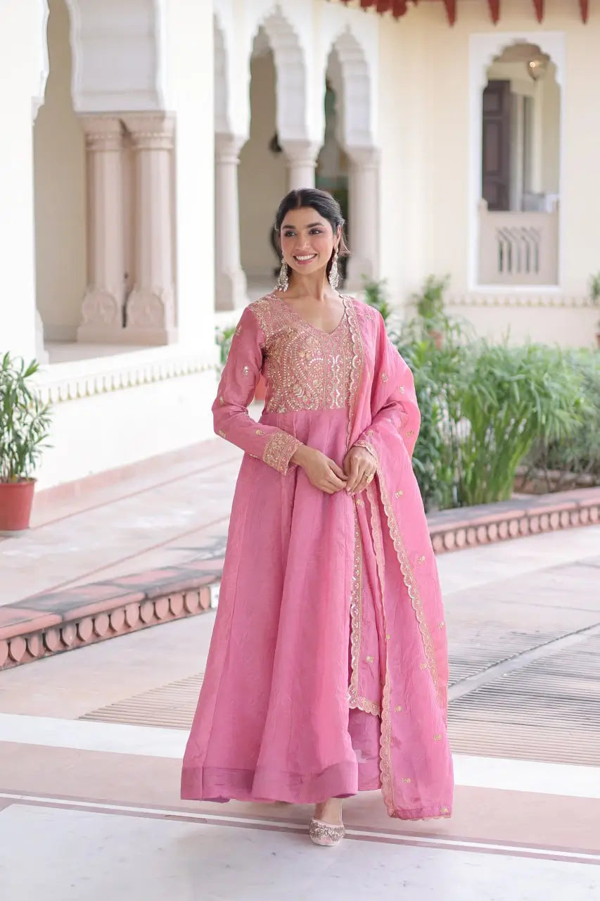 Golden Elegance Embroidered Anarkali Gown with Dupatta for Festive and Wedding Wear