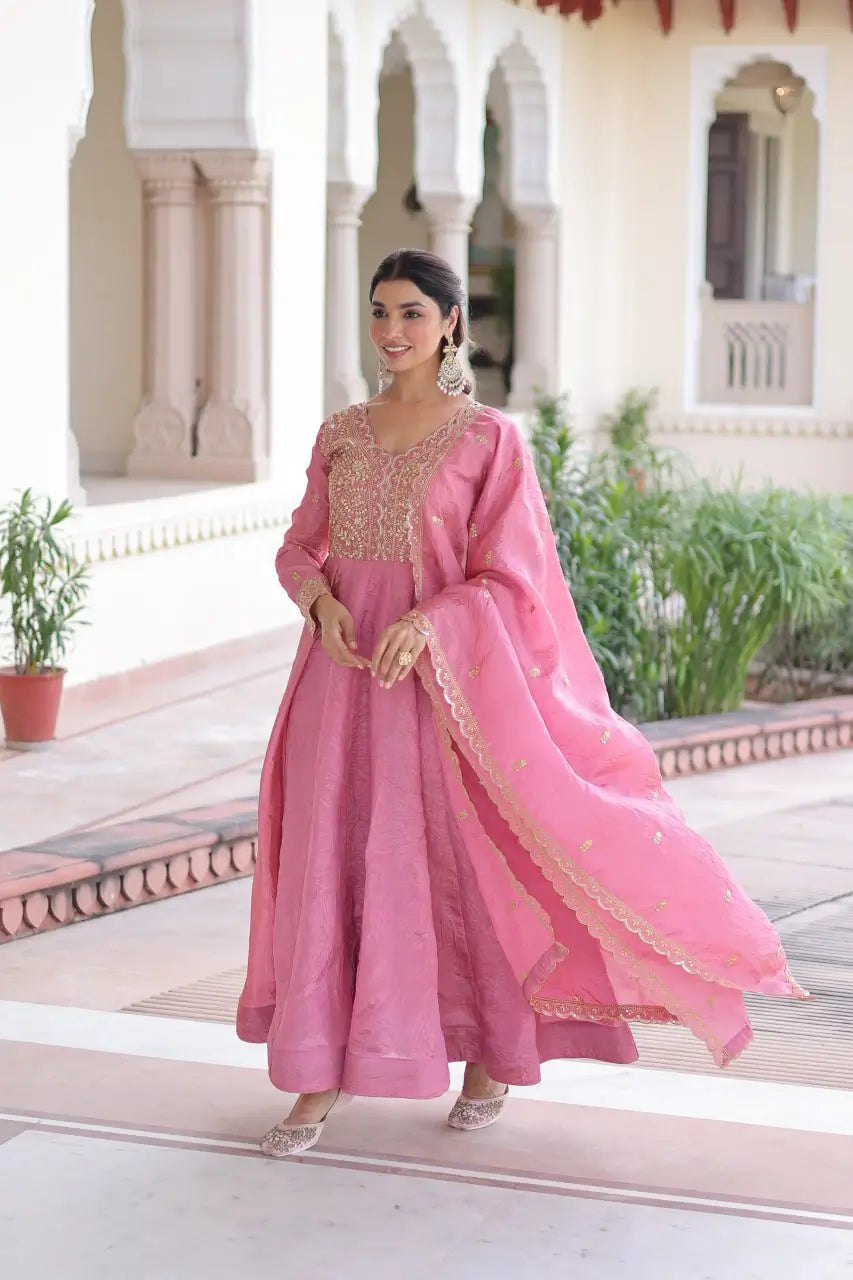 Golden Elegance Embroidered Anarkali Gown with Dupatta for Festive and Wedding Wear