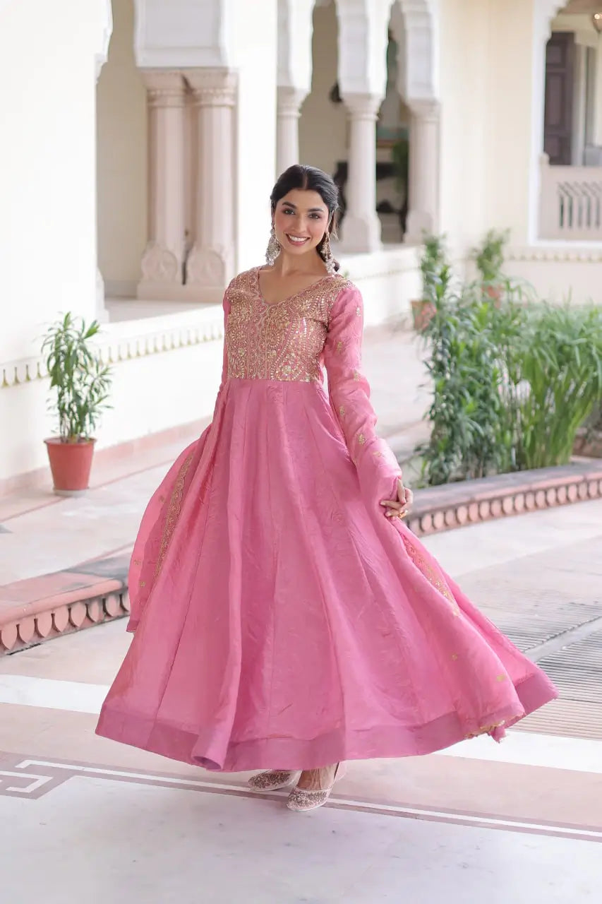 Golden Elegance Embroidered Anarkali Gown with Dupatta for Festive and Wedding Wear