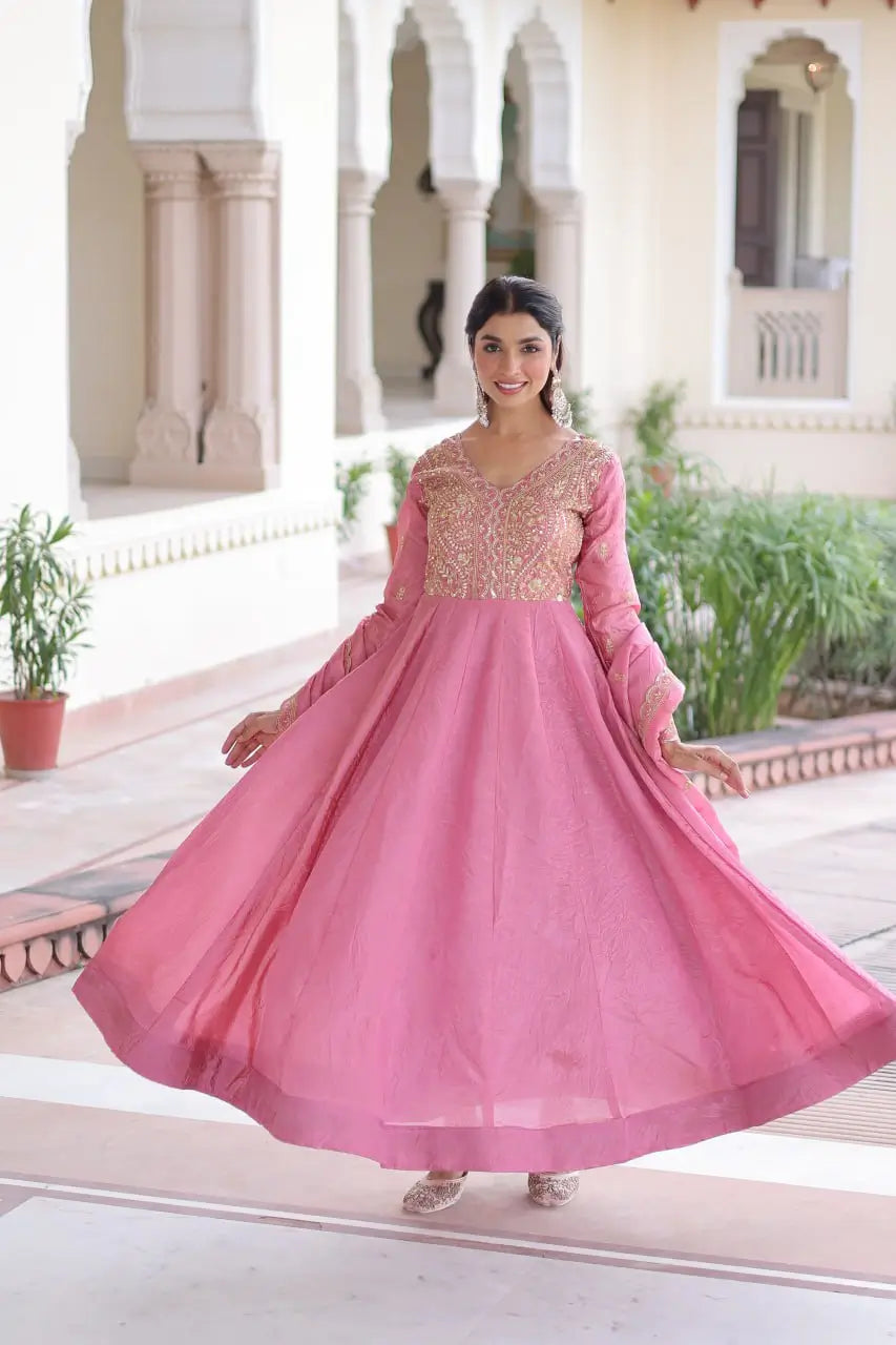 Golden Elegance Embroidered Anarkali Gown with Dupatta for Festive and Wedding Wear