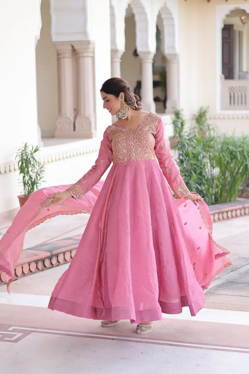 Golden Elegance Embroidered Anarkali Gown with Dupatta for Festive and Wedding Wear