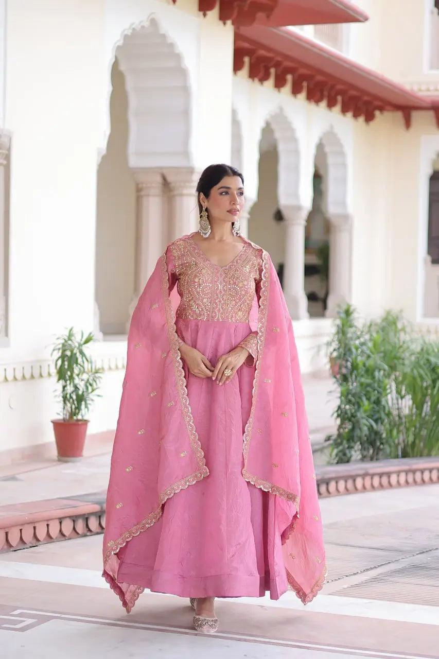 Golden Elegance Embroidered Anarkali Gown with Dupatta for Festive and Wedding Wear
