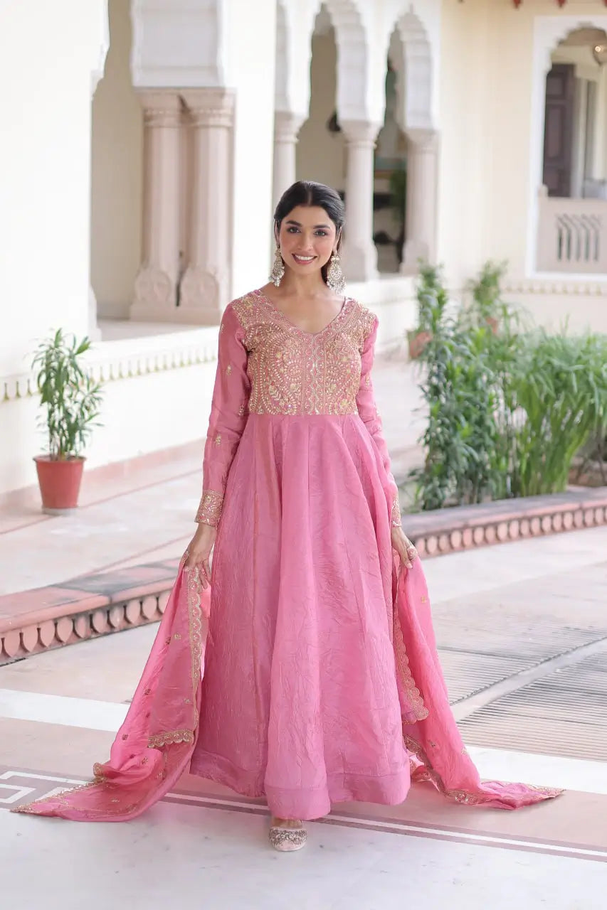 Golden Elegance Embroidered Anarkali Gown with Dupatta for Festive and Wedding Wear