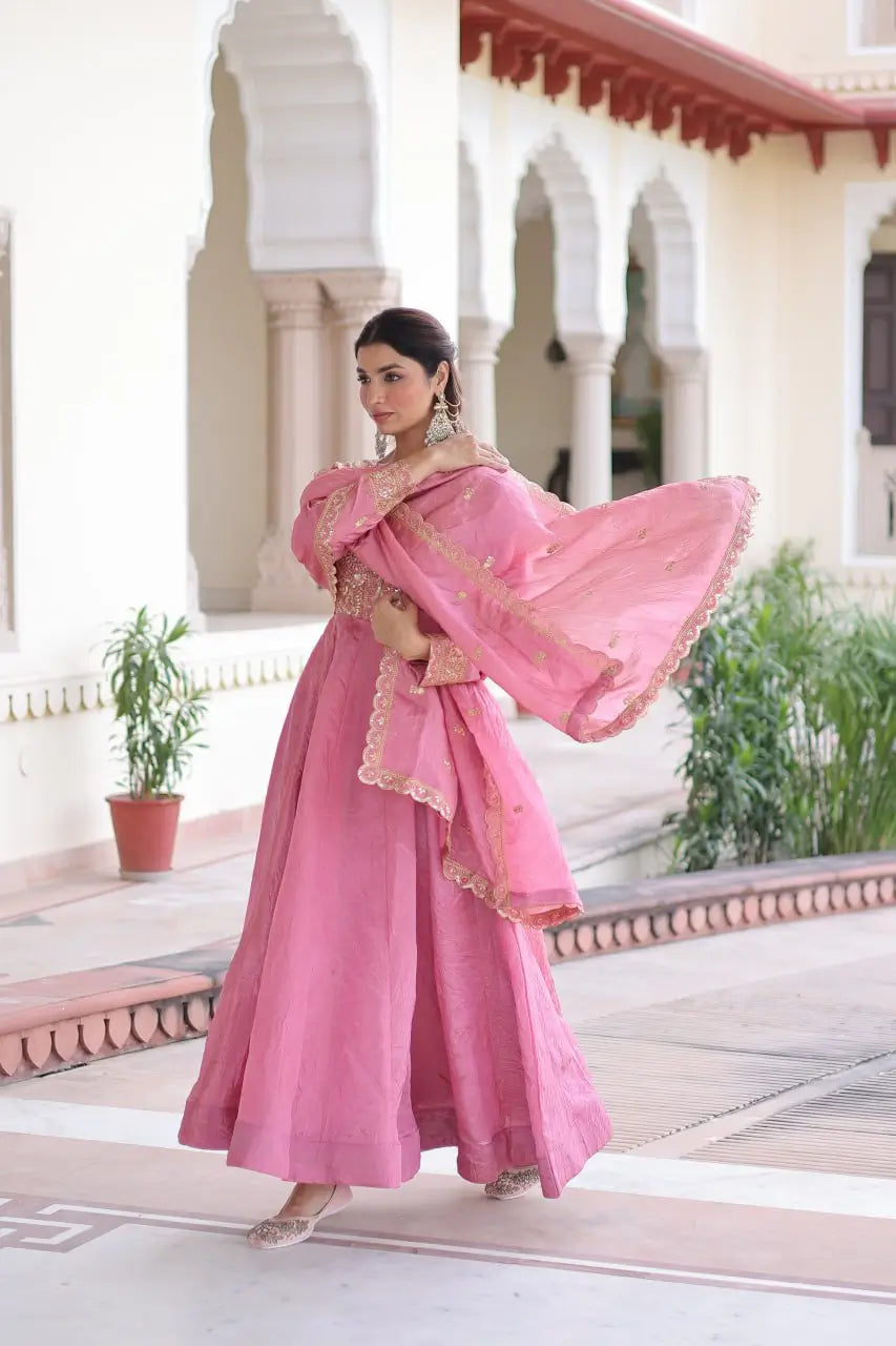Golden Elegance Embroidered Anarkali Gown with Dupatta for Festive and Wedding Wear