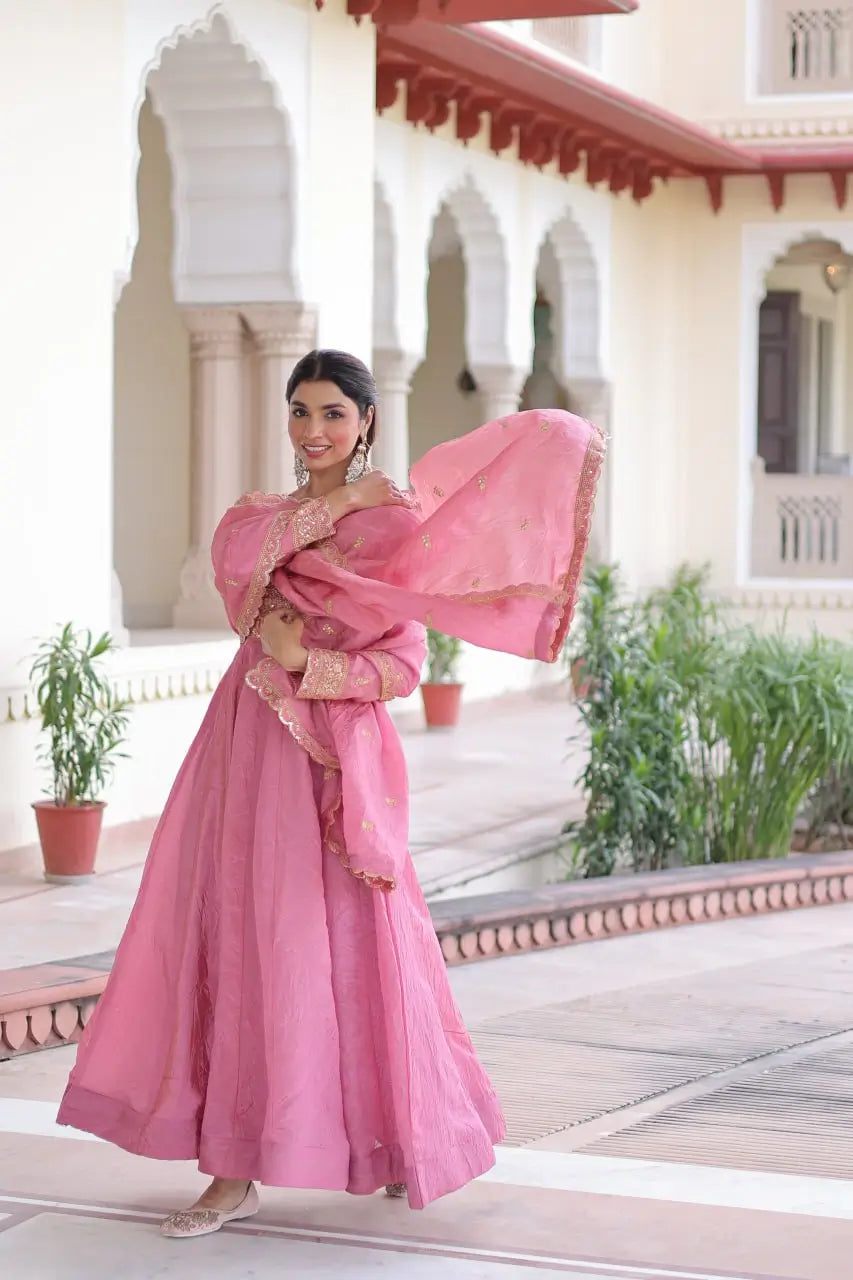 Golden Elegance Embroidered Anarkali Gown with Dupatta for Festive and Wedding Wear