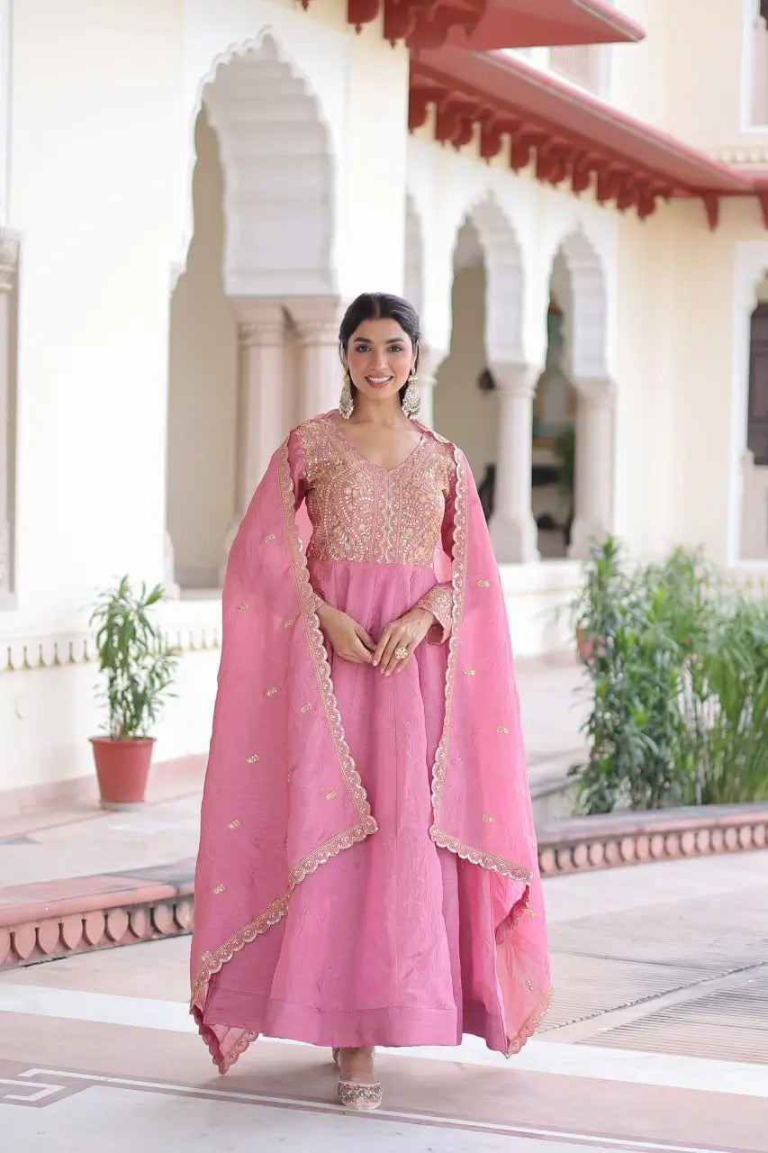 Golden Elegance Embroidered Anarkali Gown with Dupatta for Festive and Wedding Wear