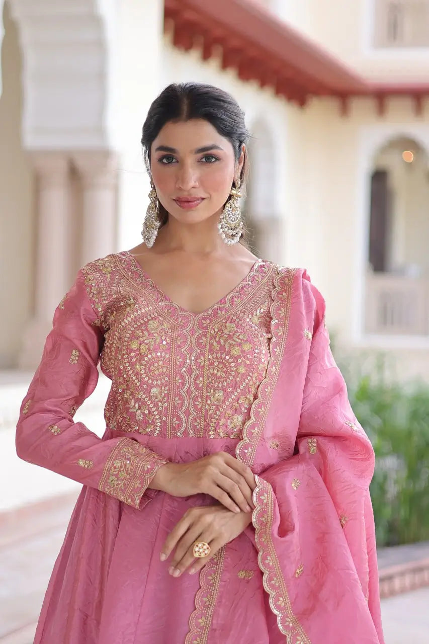 Golden Elegance Embroidered Anarkali Gown with Dupatta for Festive and Wedding Wear