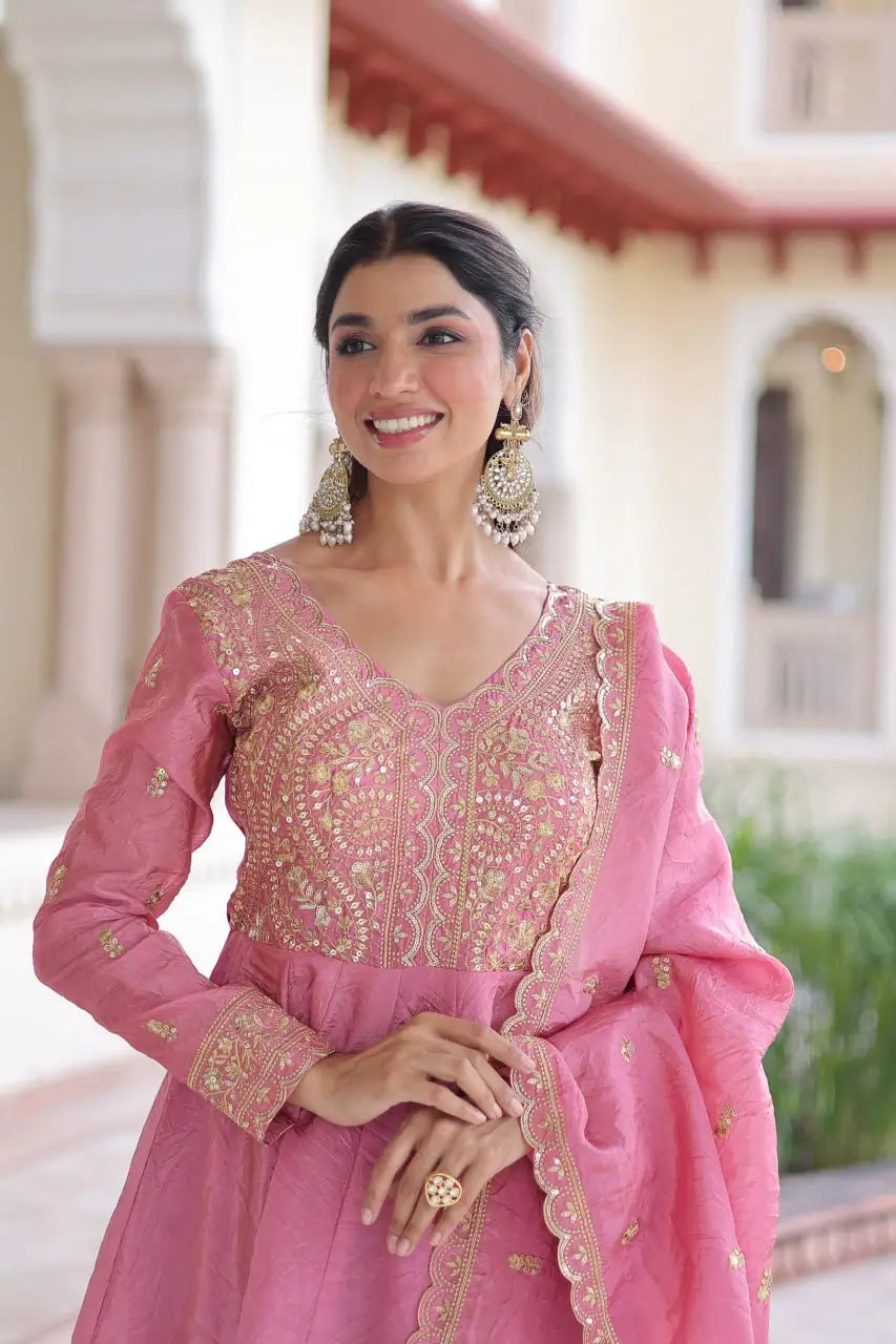 Golden Elegance Embroidered Anarkali Gown with Dupatta for Festive and Wedding Wear