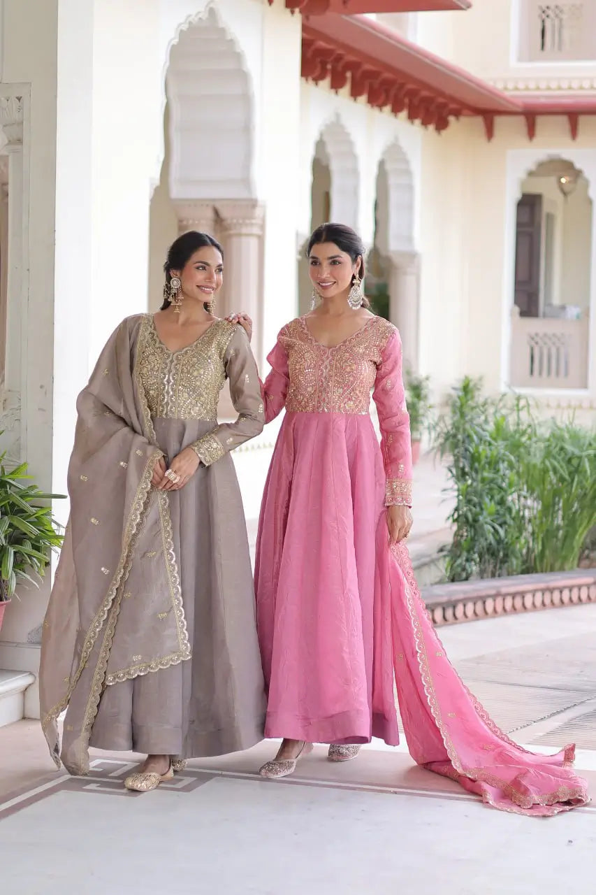 Golden Elegance Embroidered Anarkali Gown with Dupatta for Festive and Wedding Wear