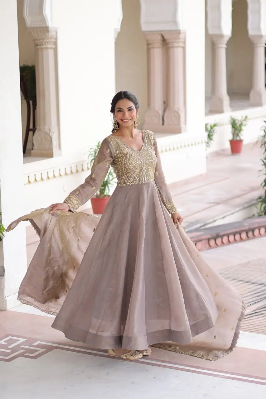 Golden Elegance Embroidered Anarkali Gown with Dupatta for Festive and Wedding Wear