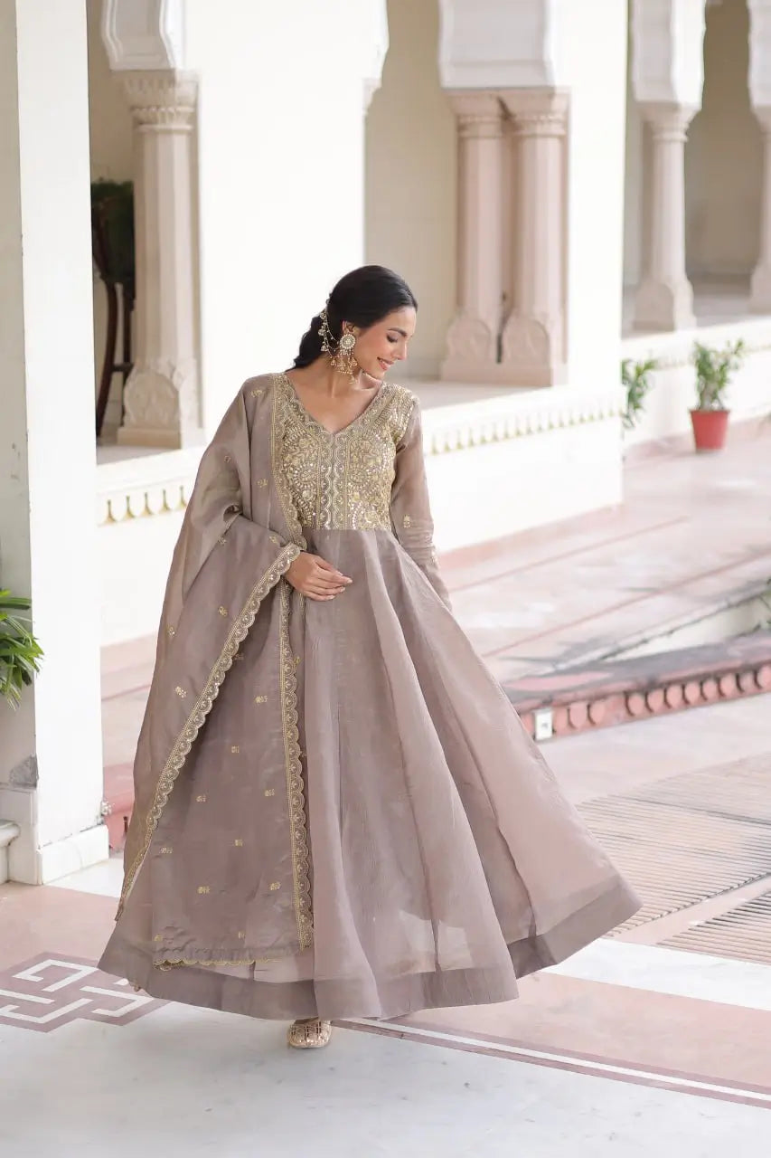 Golden Elegance Embroidered Anarkali Gown with Dupatta for Festive and Wedding Wear