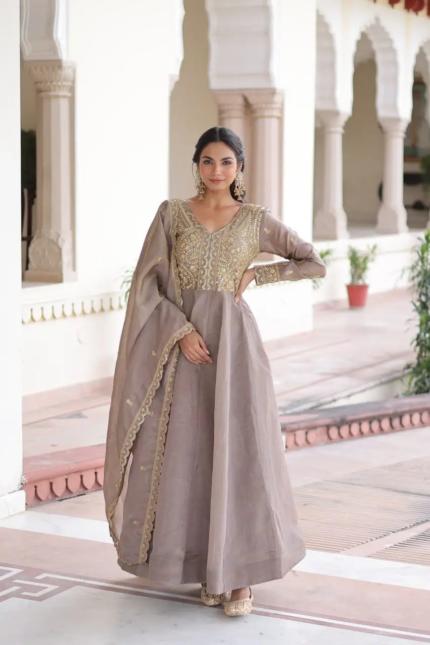 Golden Elegance Embroidered Anarkali Gown with Dupatta for Festive and Wedding Wear
