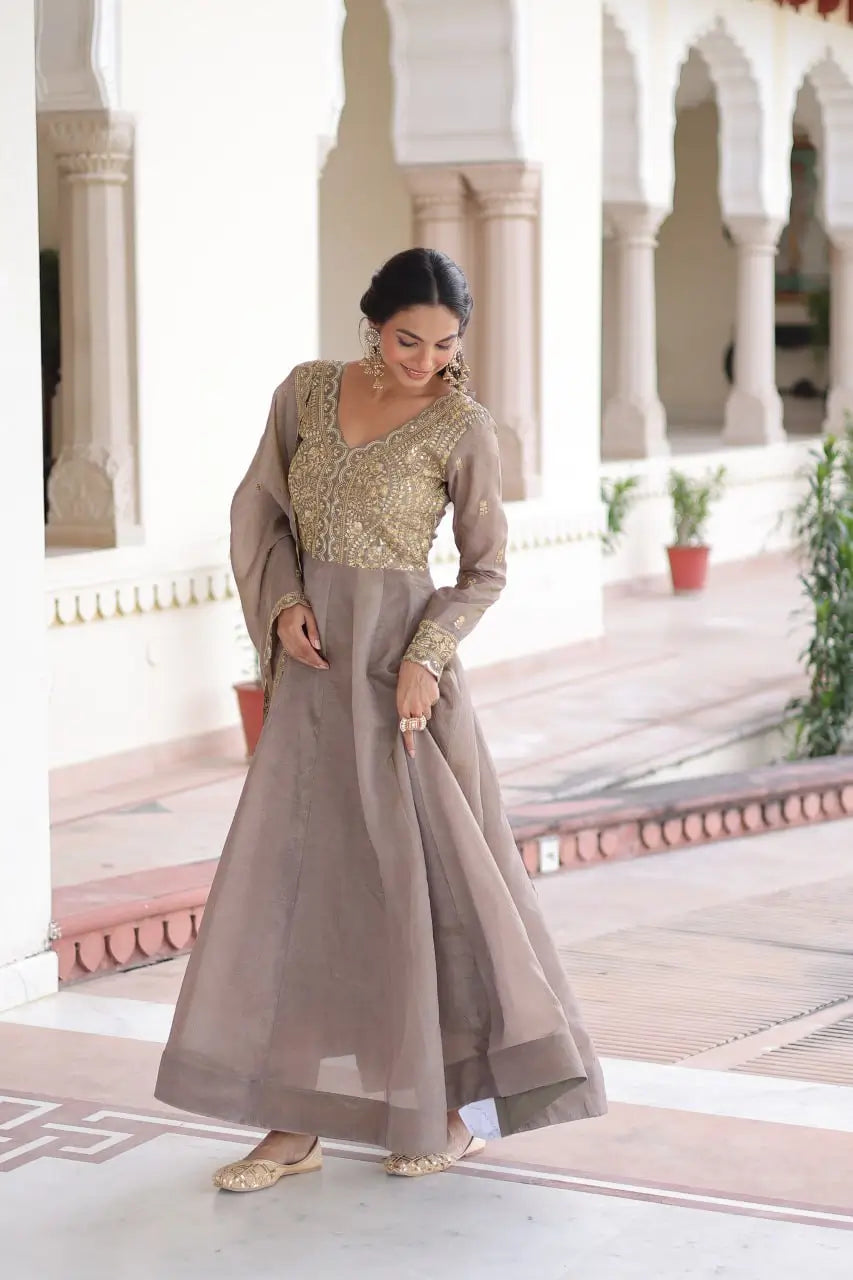 Golden Elegance Embroidered Anarkali Gown with Dupatta for Festive and Wedding Wear